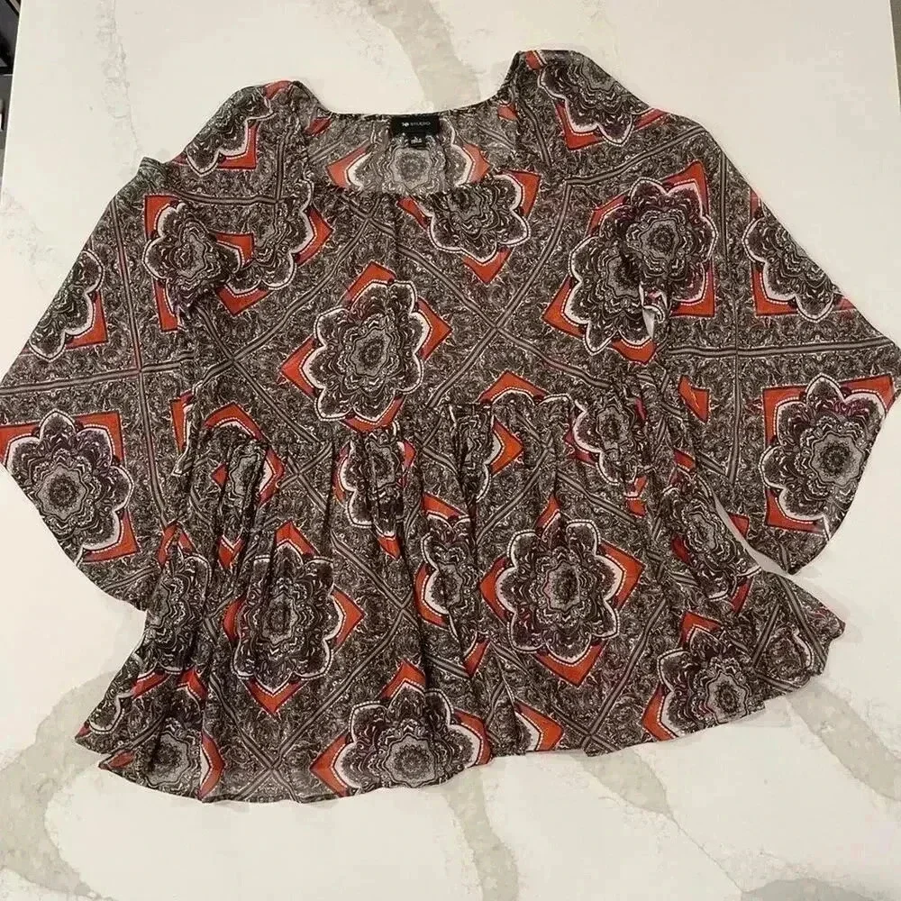AB Studio Floral Paisley Sheer Blouse Boho Flared Sleeve Women's Large Hippie - Picture 1 of 7